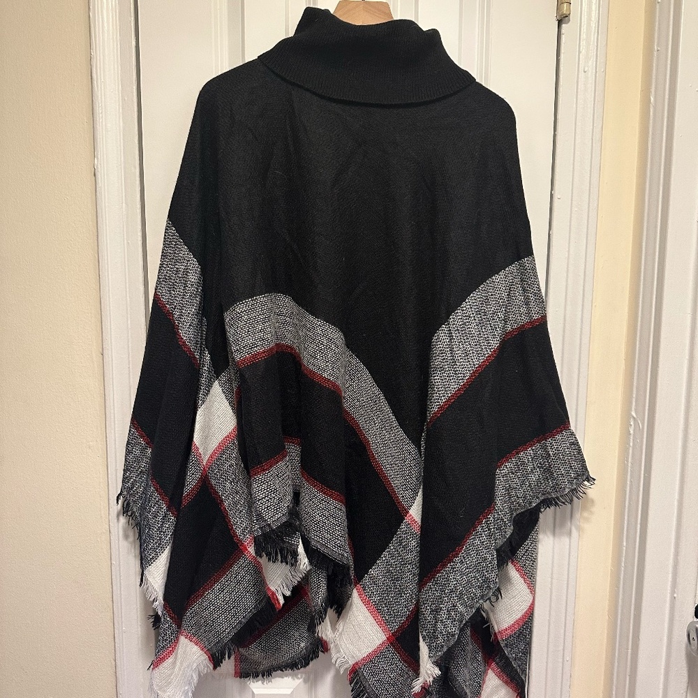 Lulus Sled Ride Red and Black Plaid Poncho - OS